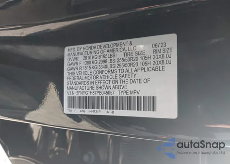 2023 Honda Pilot Awd Elite z USA, uszkodzony, nr VIN 5FNYG1H87PB045057